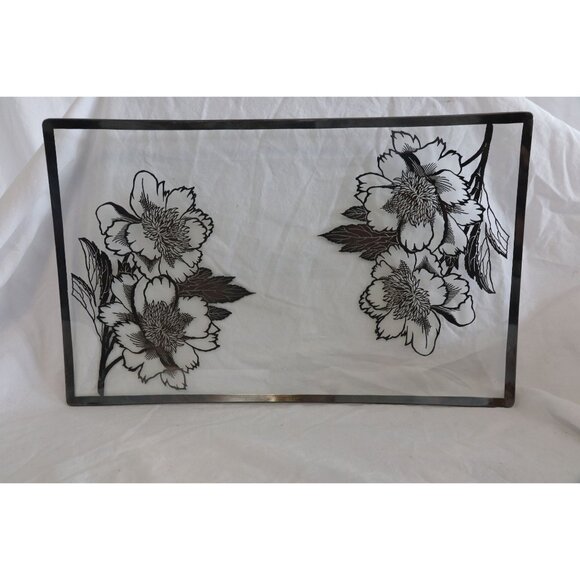 Vintage 1950's Gold Leaf Glass Floral Serving Tray With Gold Rim Rectangle Shape - Picture 2 of 3